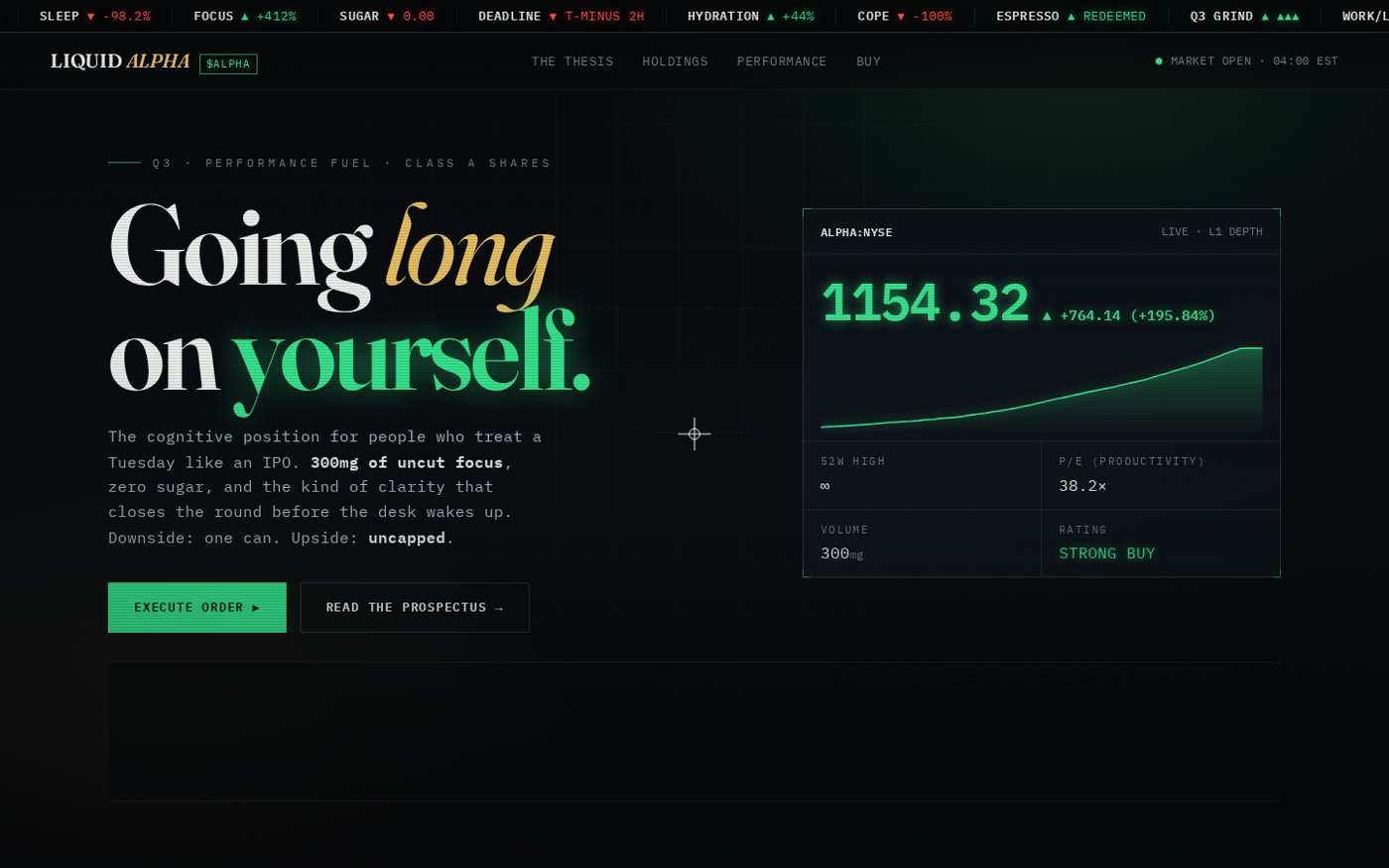 One-shot front-end-design output for the energy-drink brief: a dark near-black hero with a green glow gradient, an italic-serif headline reading 'Going long on yourself', and a 'STRONG BUY' chart widget -- the canonical AI dev-tool hero.